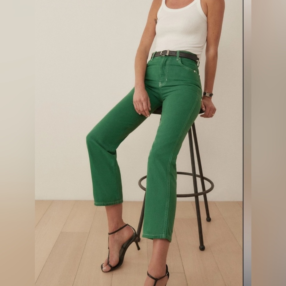 Reformation cowboy high rise green GRASS straight jeans Sz 23